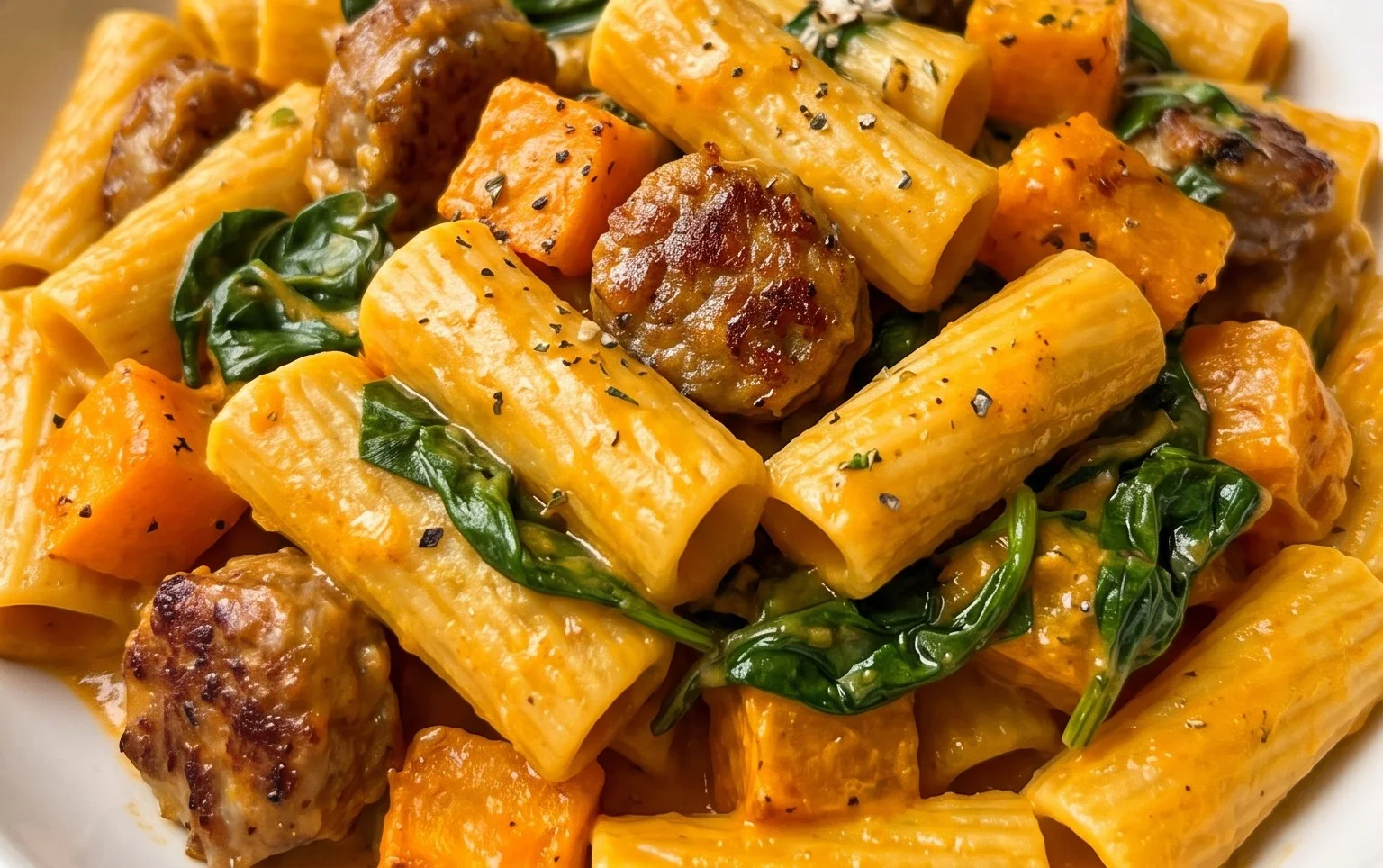 Creamy Roasted Butternut Squash Pasta with Sausage and Spinach