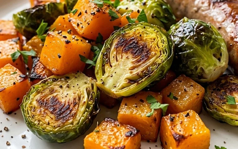 Autumn Sausage Dinner with Roasted Veggies (Butternut Squash and Brussels Sprouts)