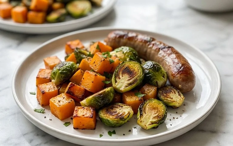 Cozy Autumn Sausage Dinner – Roasted Butternut & Brussels