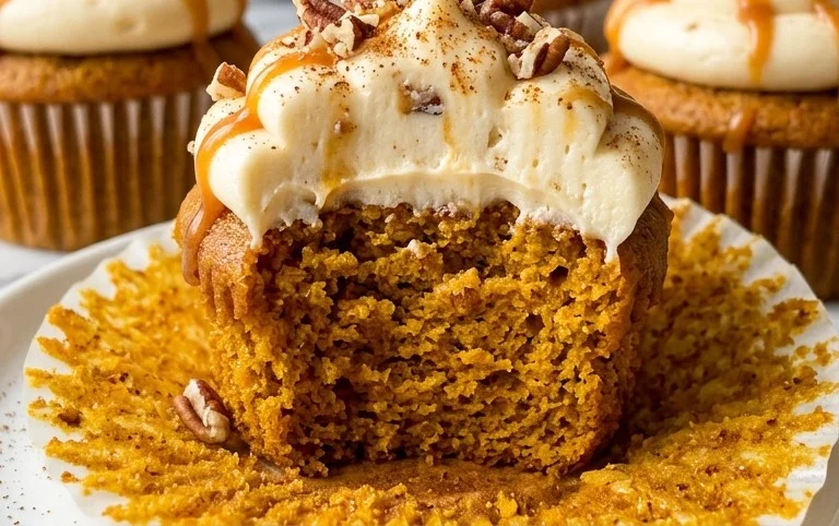 Pumpkin Cupcakes with Caramel Cream Cheese Frosting